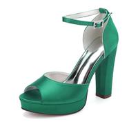 Platform High Chunky Heels Wedding Sandals Women's Satin Ankle Strap Peep Toe Dress Party Bridal Shoes 6118-01A,Green,5.5 UK