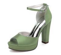 Platform High Chunky Heels Wedding Sandals Women's Satin Ankle Strap Peep Toe Dress Party Bridal Shoes 6118-01A,Olive Green,7 UK