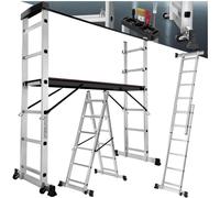 Tectake Ladder, Scaffold & Platform 4-In-1 - Aluminium, Non-Slip, Stable, With 2 Practical Wheels - Silver