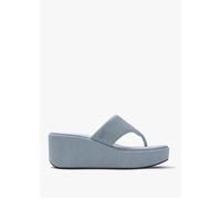 Platform Light Denim Toe Post Wedge Sandals - Denim Fabric / 8