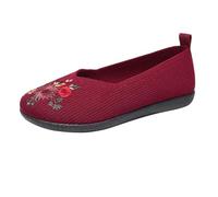 Platform Loafers for Women Black Flat Shoes Casual Womens Shoes for Winter Women's Embroidered Knitted Flat Casual Breathable Knitted National Style Soft Bottom Walking Shoe (Red,5)