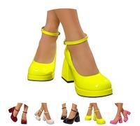 Platform Mary Jane Heels Pumps Shoes Women UK 6 Patent Leather Chunky Heels Square Toe Ankle Strap Block Heel Mary Janes Dress Shoes Green Gift