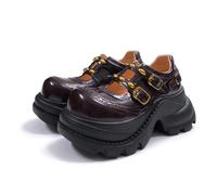 Platform Mary Janes Shoes for Women's Studded Gothic Punk Chunky Heels Pumps Ankle Strap Retro Round Toe Lolita Brogues Shoes,Brown,5.5 UK