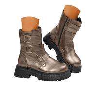 Platform Moto Ankle Boots for Women Round Toe Metallic Triple Buckle Chunky Lug Sole Side Zipper Shiny Faux Leather Punk Streetwear Autumn Winter Fashion Footwear Brown