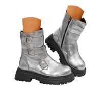 Platform Moto Ankle Boots for Women Round Toe Metallic Triple Buckle Chunky Lug Sole Side Zipper Shiny Faux Leather Punk Streetwear Autumn Winter Fashion Footwear Silver
