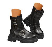 Platform Moto Ankle Boots for Women Round Toe Metallic Triple Buckle Chunky Lug Sole Side Zipper Shiny Faux Leather Punk Streetwear Autumn Winter Fashion Footwear Black