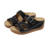 Platform Mules Women's Wedge Heel Sandals with Adjustable Buckle Lightweight Summer Shoes Orthopaedic Wedge Sandals Non-Slip Fish Mouth Elegant Slippers with Comfort Foot Bed, black, 9 UK