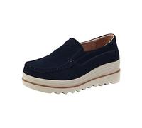 Platform Penny Loafers for Womens Suede Comfortable Casual Walking Moccasins Slip on Lightweight Cushion Business Travel Shoes Date Office Wedge Shoe (Blue, 4)