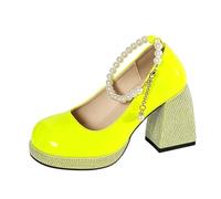Platform Pumps Glitter Block Heel Beads Anklet Round Patent Surface | Platform Mary Jane Shoes for Women Cute Toe Ankle Lolita Gothic Platform Dress Pumps Shoes Patent Leather Dress Shoes