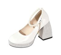 Platform Pumps Glitter Lacquer Block Heel Beads Anklet Round | Women's Mary Jane Pumps Shoes Oktoberfest Dirndl Everyday Party Wedding Women's Comfortable Stable Heel Non-Slip Outsole
