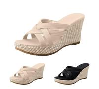 Platform Sandals for Women 2026, High Heels Open Toe Espadrilles Wedges Boho Slippers Casual Comfortable Slip On Sliders Sandals Summer Dressy Beach Vacation Shoes Beige