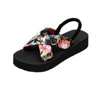 Platform Sandals For Women,Bohemian Sandals For Women With Elastic Ankle Strap Criss Cross Strap Floral Print Slingback Sandals Non-Slip Chunky Sole Comfort Casual Shoes For Summer Vacation