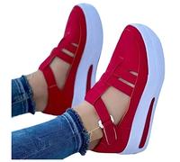 Platform Sandals for Women Suede Sandal Closed Toe Buckle Shoes Ankle Strap Adjustable Heeled Vintage Beach Espadrilles Ladies Summer Gladiator Sandal Low-Top Lightweight Breathable Loafers Shoes Red