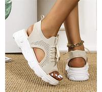 Platform Sandals for Women Summer Sport Sandals Mesh Upper Breathable Lace-Up Design Sneakers Slip on Wedge Sandals Soft & Comfortable Ankle Elastic Sandals,Beige,US9/EU40