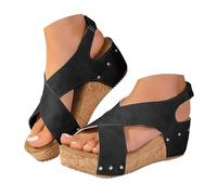 Platform Wedge Sandals For Women Cork Heel Cross Suede Comfortable Ankle Elastic Strap Open Toe Casual Wedges Shoes for Women Casual Dressy Summer with Adjustable Velcro