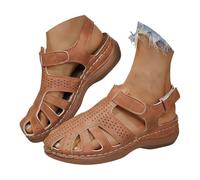 Platform Wedge Sandals For Women Orthopedic Retro Leather Roman Shoes with Arch Support Soft Thick Sole Hollow Out Breathable Closed Toe Casual Sandals Soft Wide Fit Shoes