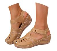 Platform Wedge Sandals For Women Orthopedic Retro Leather Roman Shoes with Arch Support Soft Thick Sole Hollow Out Breathable Closed Toe Casual Sandals Soft Wide Fit Shoes