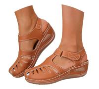Platform Wedge Sandals For Women Orthopedic Retro Leather Roman Shoes with Arch Support Soft Thick Sole Hollow Out Breathable Closed Toe Casual Sandals Soft Wide Fit Shoes