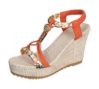 Platform Wedge Sandals Women's Espadrille Summer Boho T-Strap Beach Sandals, G Orange, 5 UK