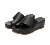 Platform Wedge Slide Sandals for Women UK 4 PU Leather Toe Ring Sandals Slip-On Open Toe Thong Flip Flops with Toe Loops Daily Walking Casual Arch Support Beach Slippers Black Footwear