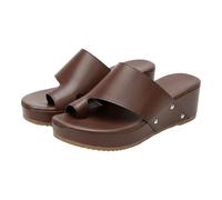 Platform Wedge Slide Sandals for Women UK 6.5 PU Leather Toe Ring Sandals Slip-On Open Toe Thong Flip Flops with Toe Loops Daily Walking Casual Arch Support Beach Slippers Brown Footwear