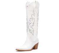 Platikly White Cowboy Boots for Women - Wide Calf Rhinestone Cowgirl Boots, Women Knee High Western Boots, Glitter Sparkly Ladies Tall Boots with Classic Embroidery and Side Zipper, Retro Classic