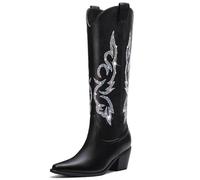 Platikly White Cowboy Boots for Women - Wide Calf Rhinestone Cowgirl Boots, Women Knee High Western Boots, Glitter Sparkly Ladies Tall Boots with Classic Embroidery and Side Zipper, Retro Classic