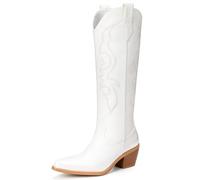 Platikly White Cowboy Boots for Women - Wide Calf Rhinestone Cowgirl Boots, Women Knee High Western Boots, Glitter Sparkly Ladies Tall Boots with Classic Embroidery and Side Zipper, Retro Classic