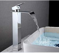 Plating Faucet High Gold Waterfall Sink Water-tap Mixing Faucets Bathroom Taps Single Handle Single Hole Brass Bathroom Faucet Send Hose Vessel Faucet (White H29CM)