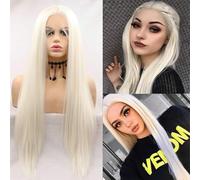 Platinum Blonde Lace Front Wig for Women Natural Realistic Long Silky Straight Glueless Pre-Plucked Syntehtic Heat Friendly Fiber Hair Replacement Wigs Festival Cosplay Daily Drag Queen Wig(60#)