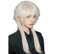 Platinum Blonde Mullet Wigs for Women Men Long Straight Wig with Bangs Layered Wigs Natural Looking Synthetic Heat Resistant Fiber Wig for Daily Party Use