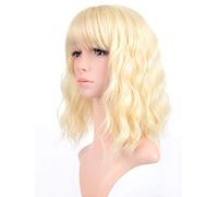 Platinum Blonde Pastel Wavy Bob Wig With Bangs - Synthetic Wig for Cosplay Party (12", Light Blonde)
