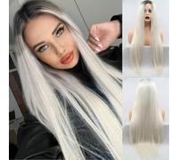 Platinum Blonde Synthetic Lace Front Wig Long Straight 13x4 HD Ombre Lace Front Synthetic Wig Pre Plucked Natural Hairline Glueless Wigs for Fashion Women Heat Resistant Fiber Hair Wig 24Inch