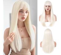 Platinum Blonde Wigs with Fringe for Women Long Blonde Straight Wig for BBQ Heat Resistant Synthetic Color Wig for Cosplay Party Halloween Daily Use 24 Inch