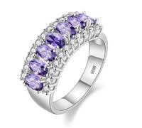 Platinum Plated Oval-Shaped CZ 7 Stones Purple Wedding Band, Simulated Amethyst Ring for Women J501 (Platinum, Purple, Size 6)