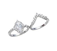 Platinum Plated Solitaire Engagement Ring Set Teardrop Cubic Zirconia Pear Bridal Ring Sets for Women Wishbone V Cubic Zirconia Stackable Simulated Diamond Eternity Wedding Band, 10#, Rhodium-plated