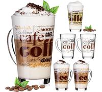 PLATINUX Coffee Glasses with Motif Max. 350 ml Set of 6 Glass Latte Macchiato Glasses with Handle Cappuccino Glasses