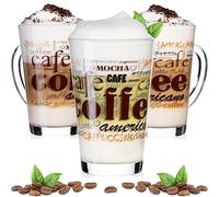 PLATINUX Coffee Glasses with Motif Maximum 350 ml Set of 3 Glass Latte Macchiato Glasses with Handle Cappuccino Glasses