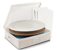 Platter Storage Case - Fine China Storage Containers Hard Shell, Quilted and Stackable 16”x 12.5”x 3.5” Platter Storage Container with Handles and Felt Dividers for Moving and Seasonal Storage, Cream