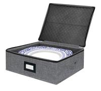 Platter Storage Case - Stackable China Storage Containers Hard Shell with Durable Zipper & Label & Sturdy Handles, 5.3” Height, Structured Top, 4 Felt Dividers Included (Dark Gray)
