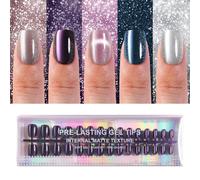 Plauva 150 Pcs Soft Gel Fake Nails with Cat Eye Design Square Short Glitter Glossy False Nails for Women and Girls 15 Sizes Available Multicolor