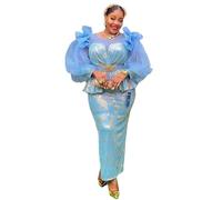 Plawden Light Blue Organza Formal African Dresses for Curvy Women Plus Size Luxury Sequin Long Sleeve Crew Neck Evening Mother Gown Light Blue XL