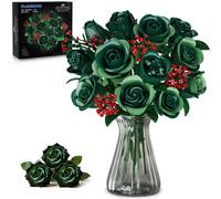 PLAXSOON 16 Green Roses Flowers Bouquet Building Set with Lights