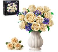 PLAXSOON Flowers Bouquet Building Set with Lights,16 Champagne White Roses Botanical Collection Building Blocks for Adults Girl,523PCS Artificial Flower Valentines Day Birthday Gift for Her Home Decor