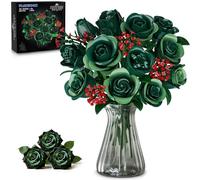PLAXSOON Flowers Bouquet Building Set with Lights, 16 Green Roses Botanical Collection Building Blocks for Adults Girls, 523PCS Artificial Flower Valentines Day Birthday Gift for Her Home Office Decor