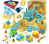 Play Construction Sand Kit - 3lbs Sand with 2 Colours, 6 Mini Construction Trucks, Construction Toys and Signs Gifts for Boys Girls