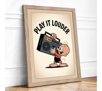 Play It Louder Retro Framed Wall Art Print A1 (84.1×59.4cm) Oak, Wall Decor for Living Room, Bedroom, Office & Home, Ready to Hang, Art Gift