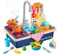 Play Kitchen Sink Toys with Upgraded Real Faucet, Play Cooking Stove, Cookware Pot and Pan,Playing Food,Dishes Accessories Pretend Plays Wash-up Sets with Running Water for Boys Girls Toddlers(Blue)