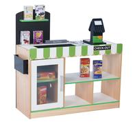 Teamson Kids Cashier Austin Interactive Wooden Play Checkout Stand with Lights and Sounds, Manual Conveyor Belt, Register and Display Spaces, Green and White Décor on Natural Wood