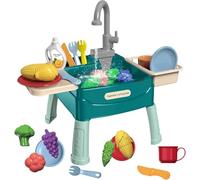 Play Sink with Running Water For Toddlers,Pretend Kitchen Toys for Kids with Tableware Accessories Vegetable Fruit,Pretend Role Play Dishwasher Toy with Tap,Gifts for Boys Girl,Green